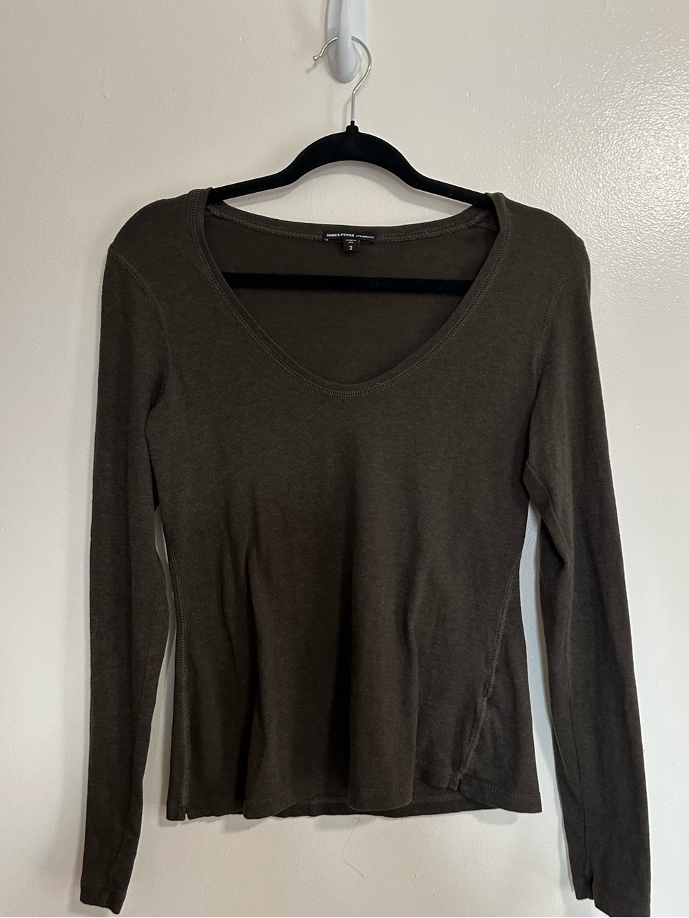 James Perse Deep Scoop Neck Long Sleeve Top, Dark Olive Green, Medium